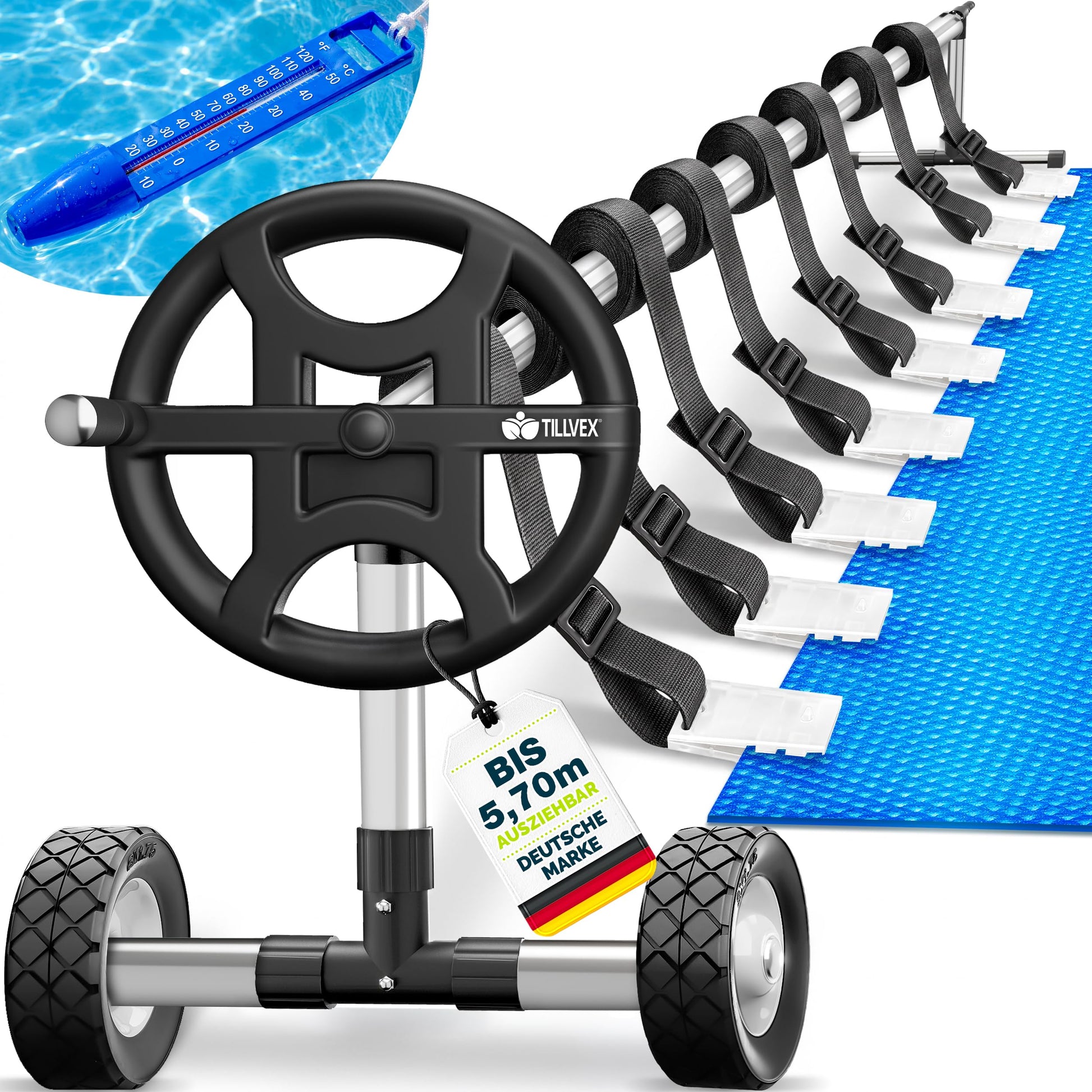 tillvex Pool Aufroller 3-5,70 m mit Vollgummireifen und Thermometer, Aluminium-Teleskoprohr und Handkurbel