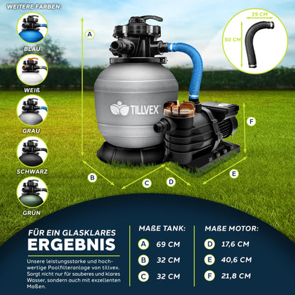 tillvex® Sandfilteranlage 13.200 L/h für Pools bis 40.000L – Grau