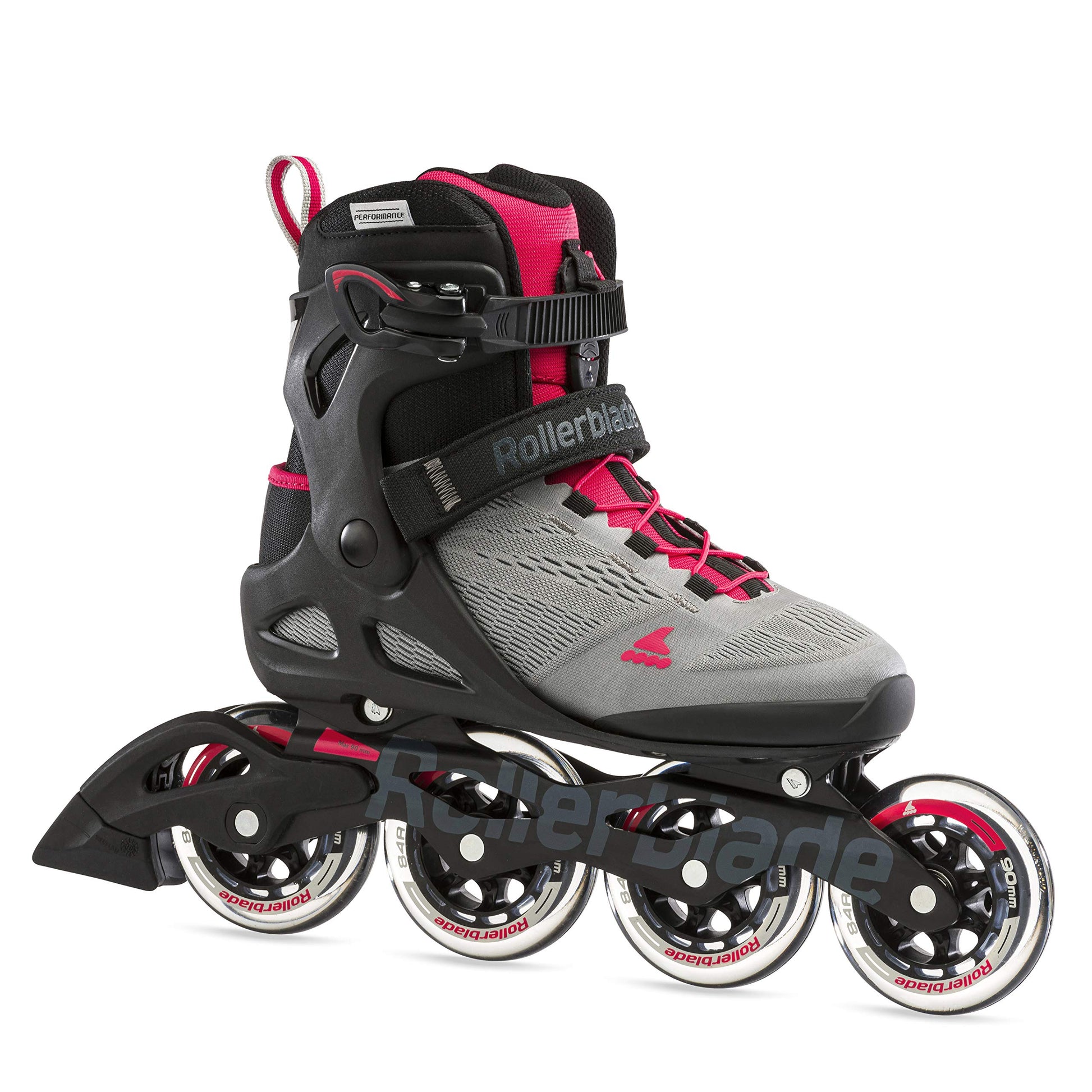 Rollerblade Macroblade 90 Inlineskates - Grau/Pink. Graue Inlineskates mit pinkfarbenen Akzenten. Geeignet für Fitness-Skating und schnelles Vorwärtskommen dank 90mm Rollen.
