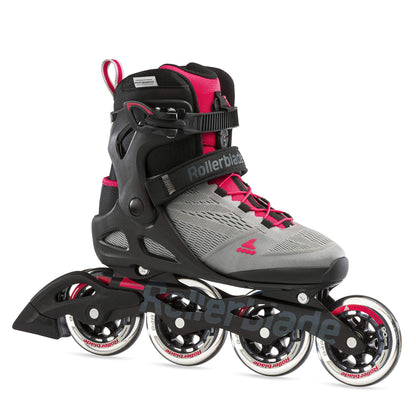 Rollerblade Macroblade 90 Inlineskates - Grau/Pink. Graue Inlineskates mit pinkfarbenen Akzenten. Geeignet für Fitness-Skating und schnelles Vorwärtskommen dank 90mm Rollen.
