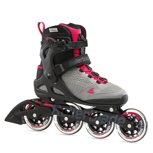 Rollerblade Macroblade 90 Inlineskates - Grau/Pink. Graue Inlineskates mit pinkfarbenen Akzenten. Geeignet für Fitness-Skating und schnelles Vorwärtskommen dank 90mm Rollen.
