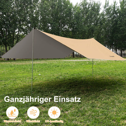 WADEO Camping Tarp wasserdicht 4 x 3 m, Zeltplane mit Stangen, Khaki