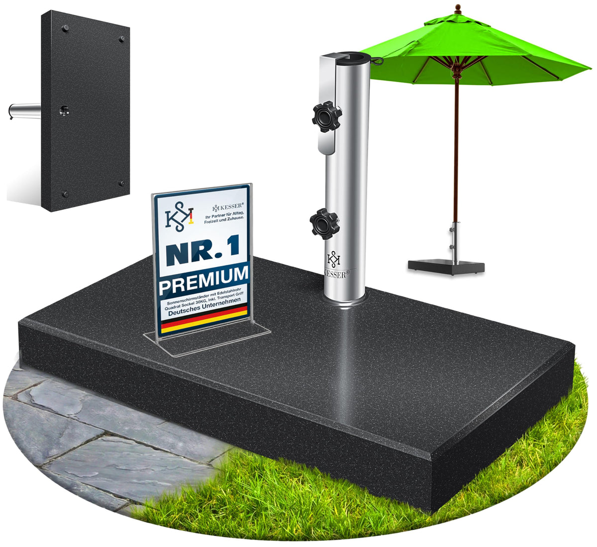 KESSER Granit Sonnenschirmständer mit Edelstahlrohr, Anthrazit, rechteckige Form mit Tragegriff
