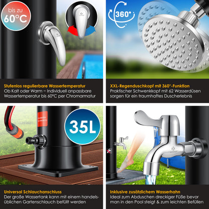 KESSER Solar Gartendusche 35 L mit Regenduschkopf und Fussdusche