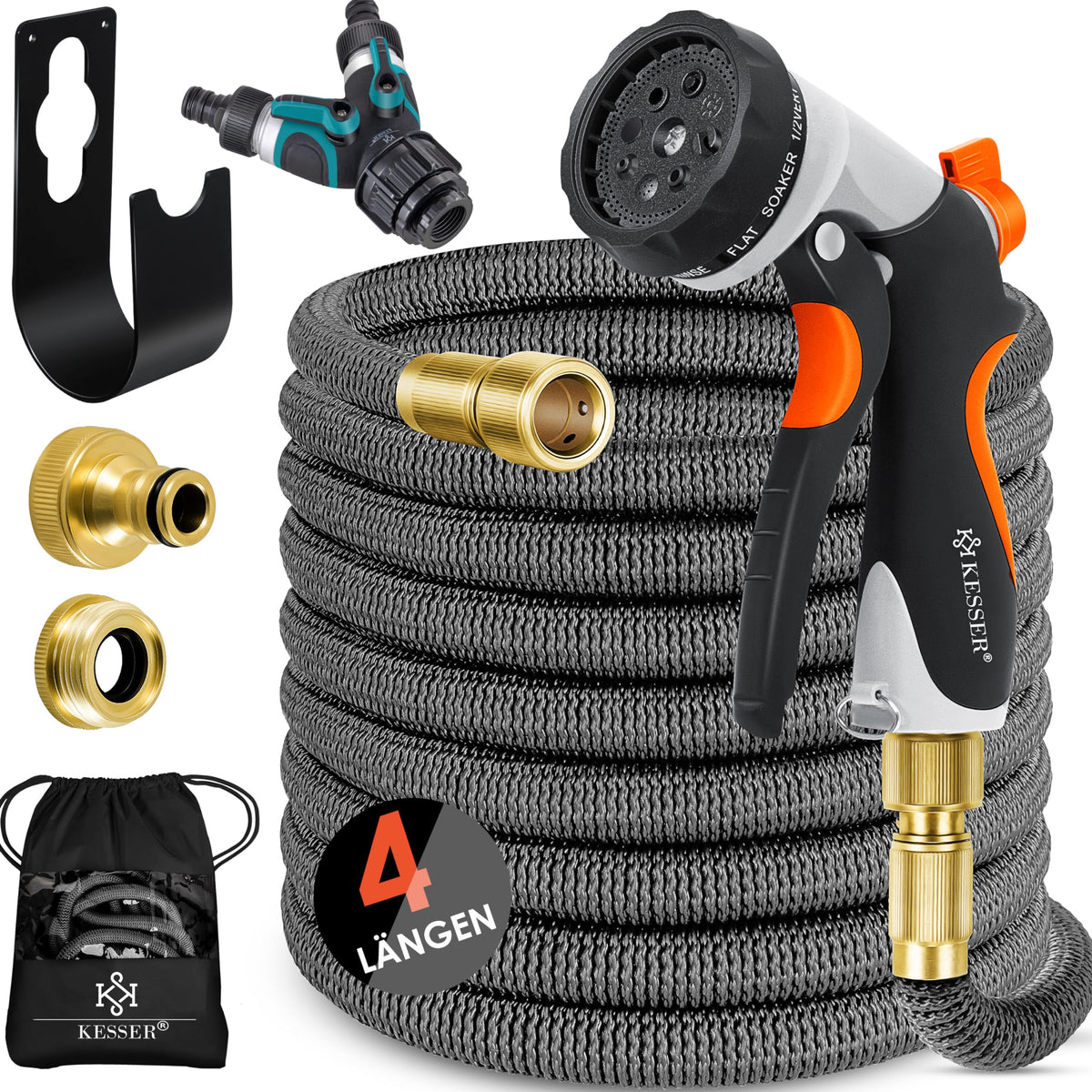 KESSER flexibler Gartenschlauch 45 m mit Sprühpistole, Anthrazit, dehnbar, Messinganschlüsse