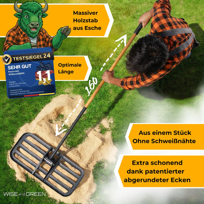 WISEandGREEN Rasenrakel Edelstahl Nivellierrechen 80x30 cm mit Stiel