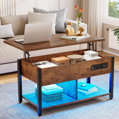 YITAHOME Anhebbarer Couchtisch LED Stauraum Vintage-Braun