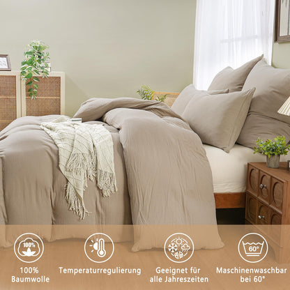 TOCOMOA Musselin Bettwäsche Set 135x200 – Beige 6-teilig