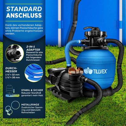 tillvex Sandfilteranlage 10 m³/h Poolfilter mit Filterbällen – Blau