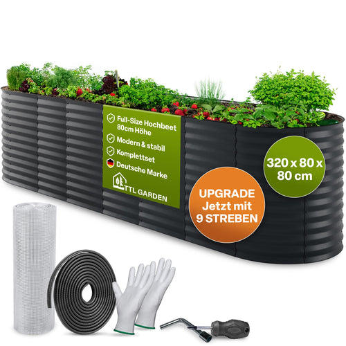 TTL GARDEN Elegance XL Metall Hochbeet – Anthrazit 320x80x80cm
