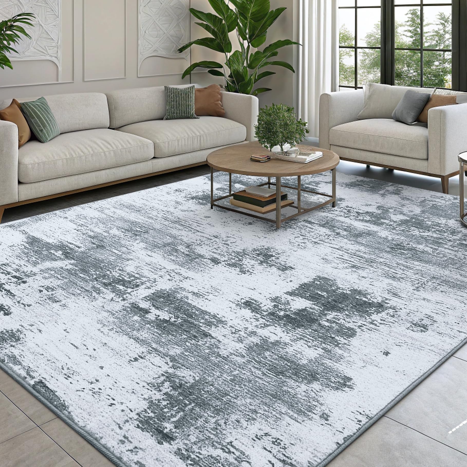 smiry Teppich Wohnzimmer 160x220 cm Kurzflor abstrakt waschbar Grau, rutschfeste TPR-Rückseite
