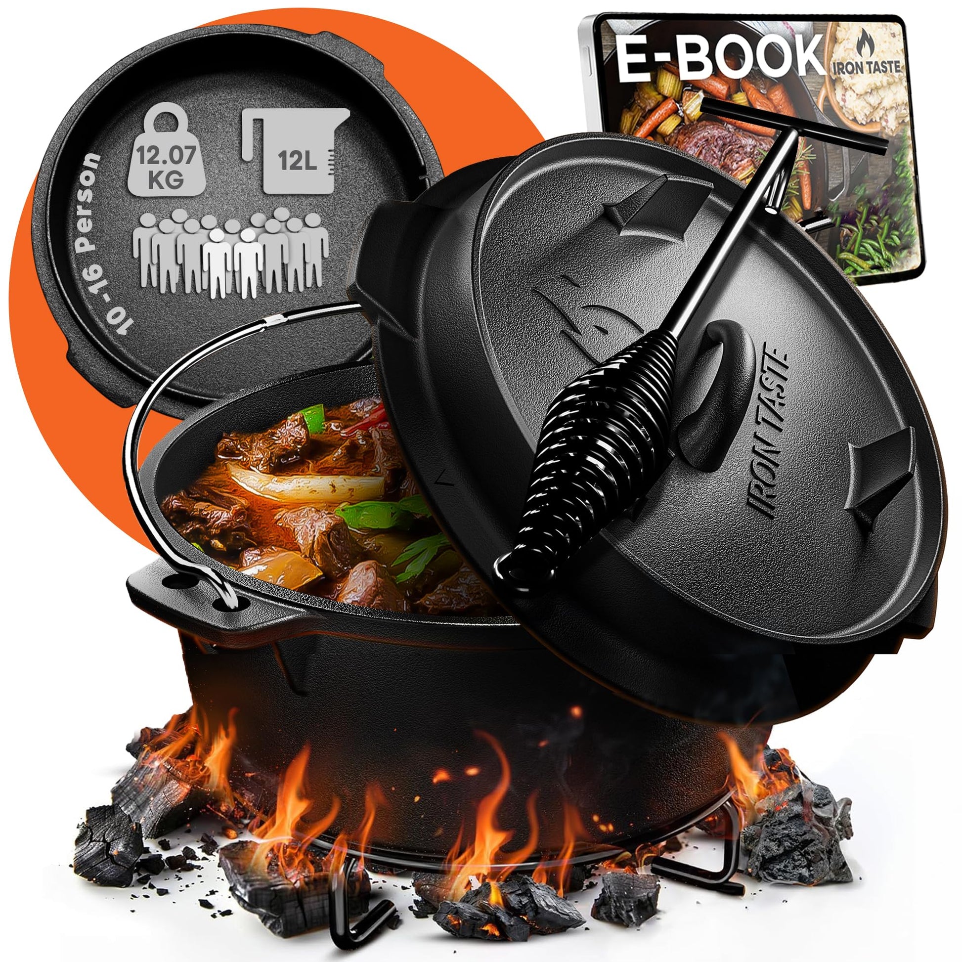 IRON TASTE Dutch Oven Set 12L – Eingebrannter Gusseisen Feuertopf. Runder, schwarzer Topf mit Deckel zum Kochen über Feuer/Glut.
