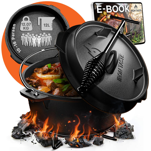 IRON TASTE Dutch Oven Set 12L – Eingebrannter Gusseisen Feuertopf. Runder, schwarzer Topf mit Deckel zum Kochen über Feuer/Glut.