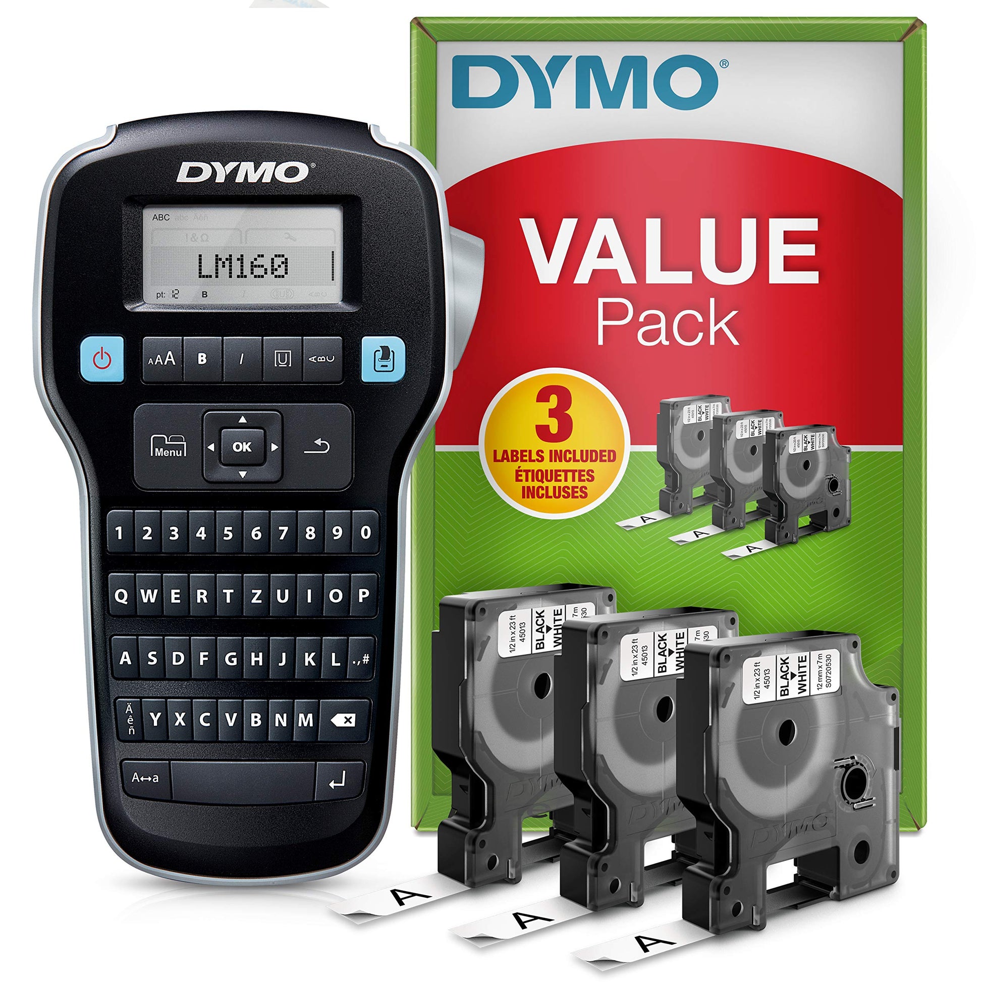 DYMO LabelManager 160 Beschriftungsgerät Starter-Set QWERTZ, schwarzes Gerät mit QWERTZ-Tastatur. Zum Thermodruck von Etiketten.