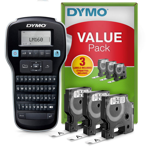 DYMO LabelManager 160 Beschriftungsgerät Starter-Set QWERTZ, schwarzes Gerät mit QWERTZ-Tastatur. Zum Thermodruck von Etiketten.