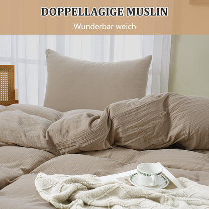 TOCOMOA Musselin Bettwäsche Set 135x200 – Beige 6-teilig