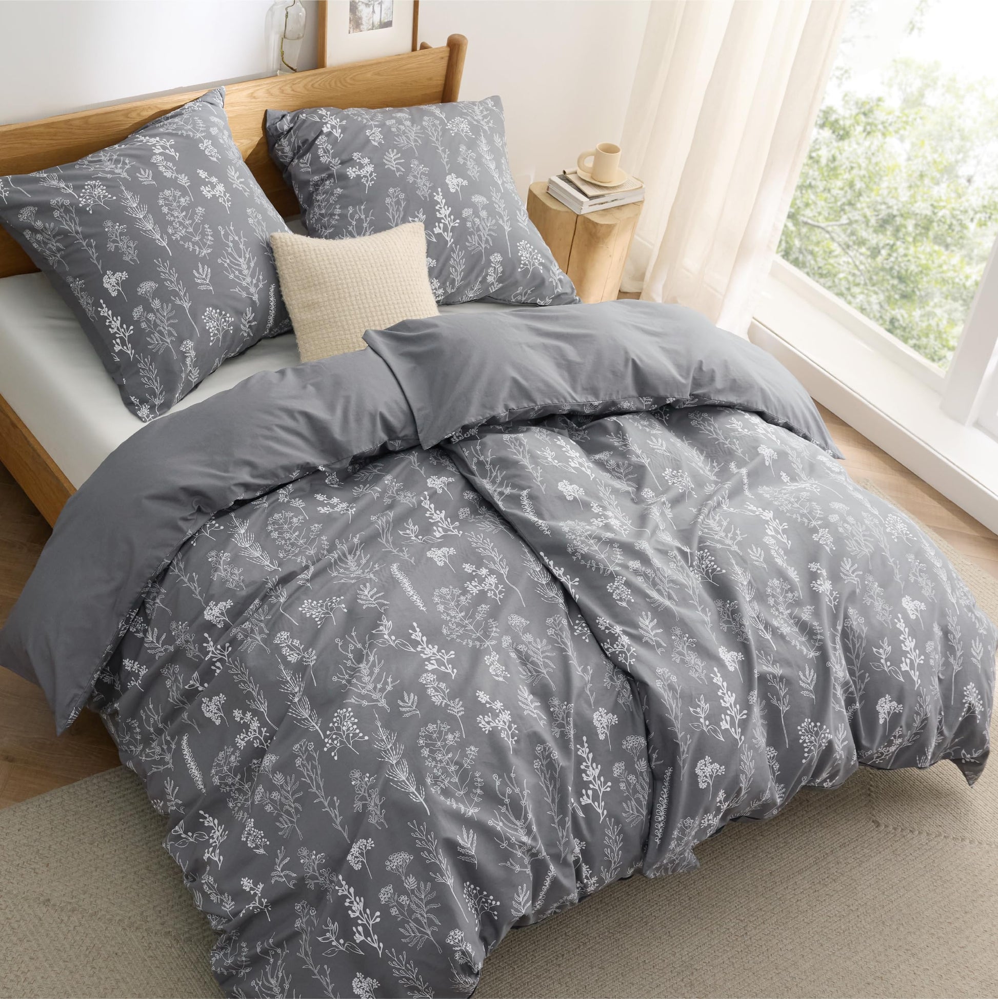 BEDSURE Bettwäsche Set 4teilig, Baumwolle Grau, 135x200 cm, Wendebettwäsche mit Blumenmuster