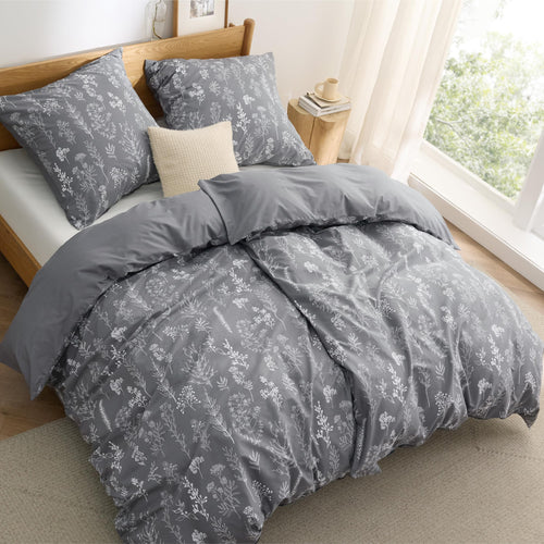 BEDSURE Bettwäsche Set 4teilig, Baumwolle Grau, 135x200 cm, Wendebettwäsche mit Blumenmuster