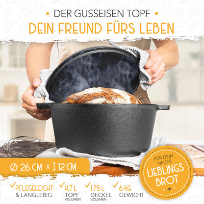 KRUSTENZAUBER Gusseisen Brotbacktopf 26cm – Inkl. Gärkorb