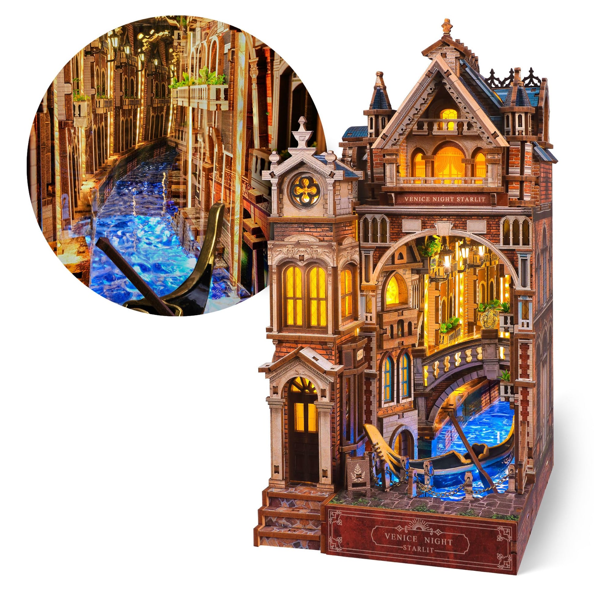 FUNPOLA Venice Night Starlit Book Nook Kit, 3D-Holzpuzzle mit LED, beleuchtete Venedig-Miniatur aus Holz