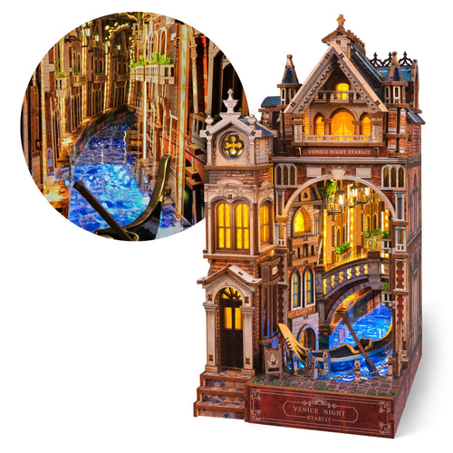 FUNPOLA Venice Night Starlit Book Nook Kit, 3D-Holzpuzzle mit LED, beleuchtete Venedig-Miniatur aus Holz