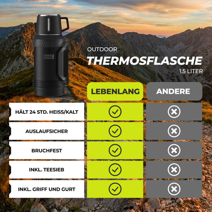 LEBENLANG Thermosflasche 1,5 Liter Edelstahl mit Becher und Teesieb