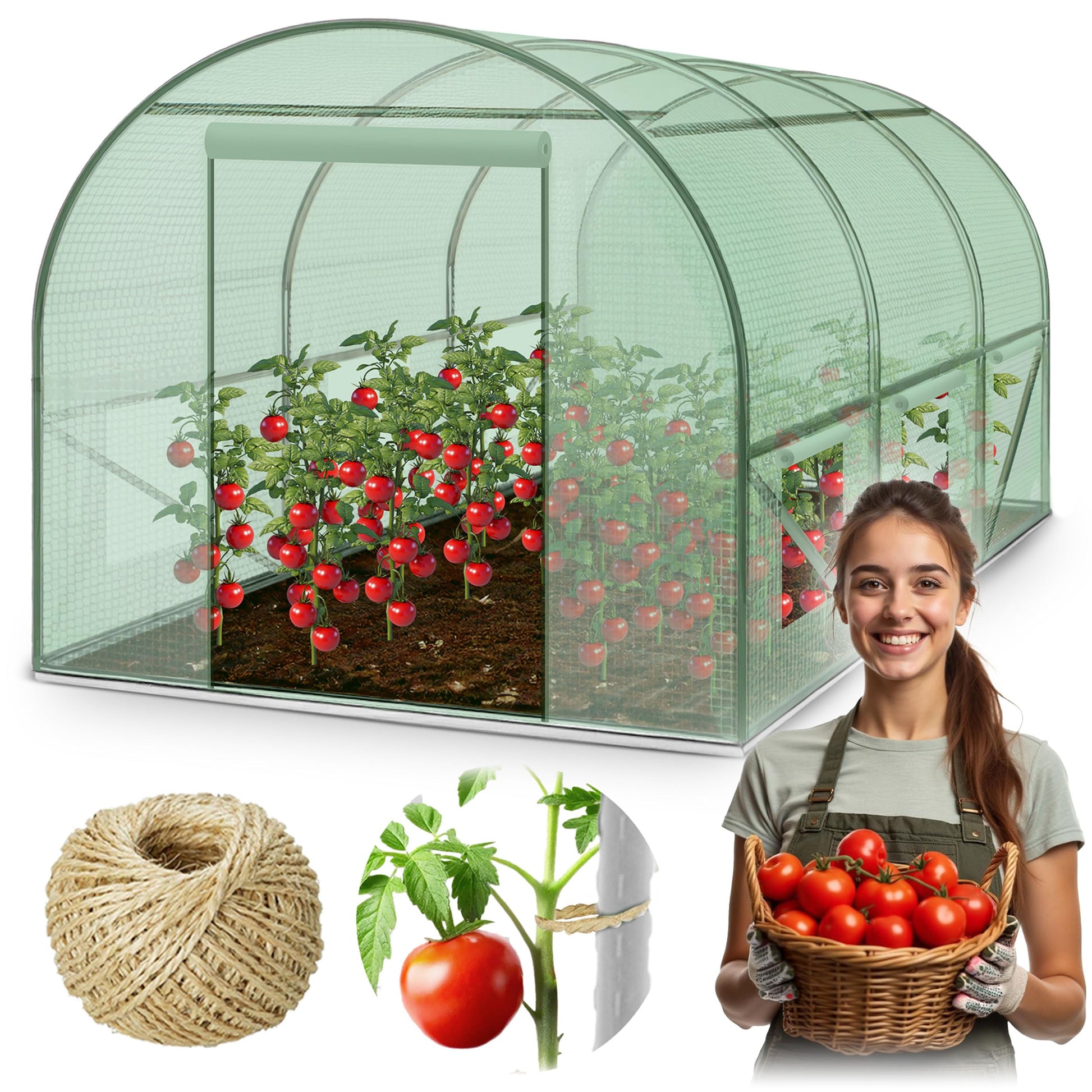 Plonos Folientunnel Gewächshaus 2 × 3 m, Stahlrahmen, 6 m², Grün