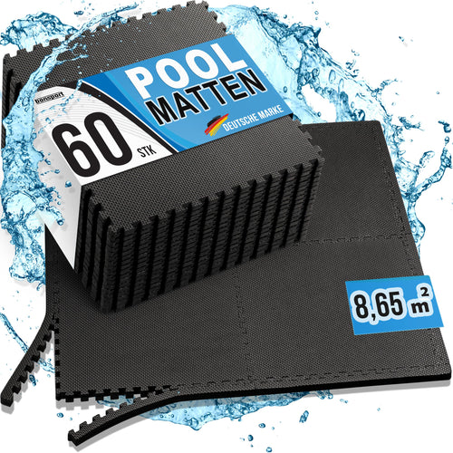 bonsport Pool Unterlegmatte 60 Stück, Bodenschutzmatte mit Kescher – schwarze EVA-Puzzlematten als Poolunterlage