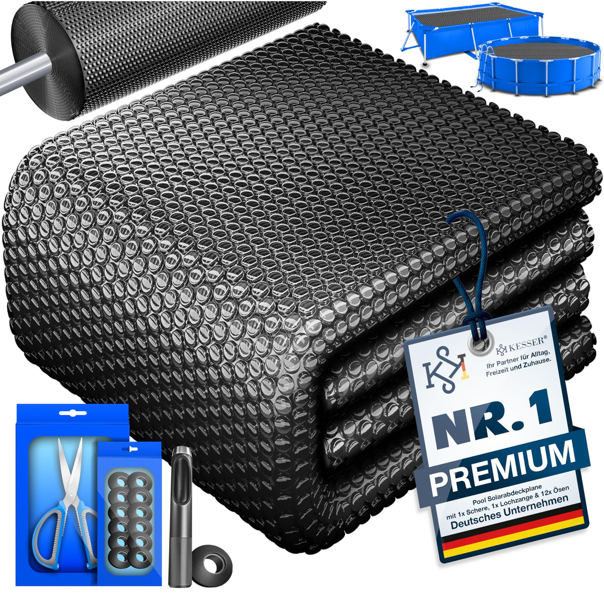 KESSER Solarabdeckplane Pool rechteckig 450 x 220 cm, 120 µm – Solarfolie aus Kunststoff mit Noppen zur Wassererwärmung