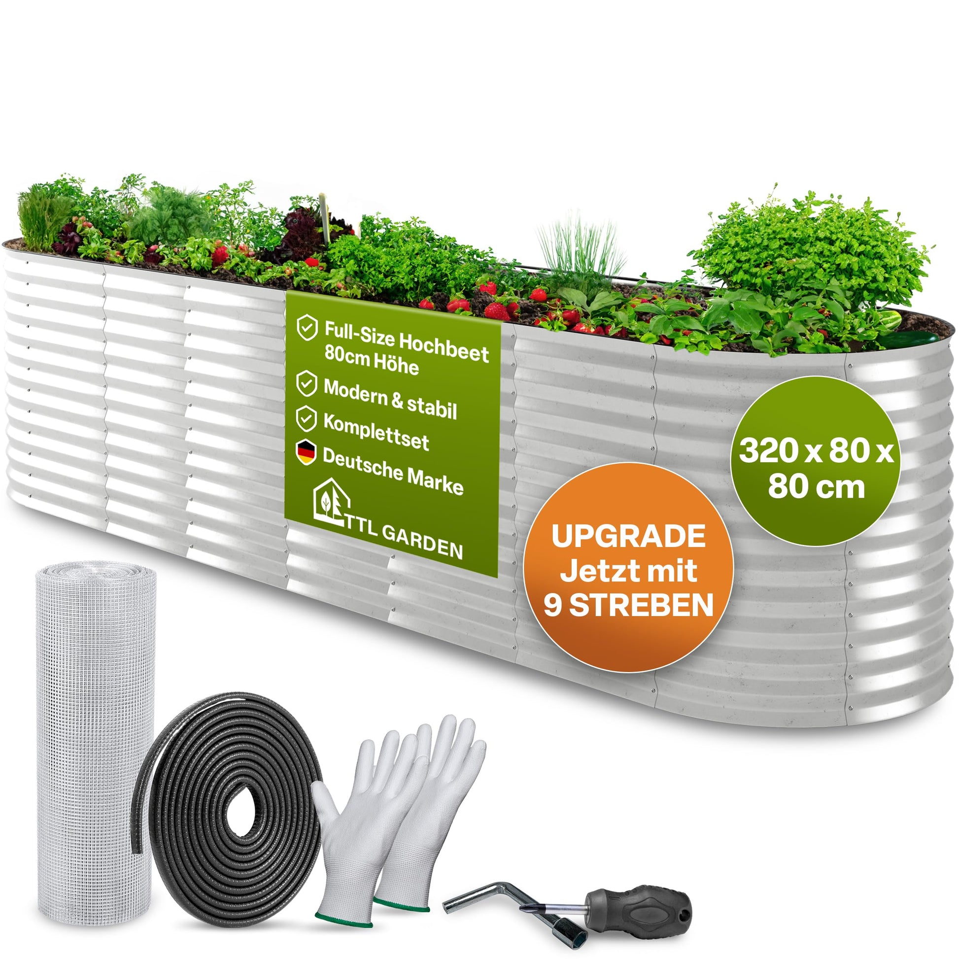 TTL GARDEN Hochbeet Spirit XL Metall 320x80x80 cm Silber verzinkt – ovales Gartenbeet aus Stahl-Wellblech