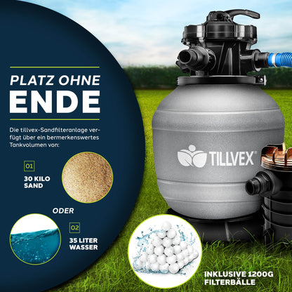 tillvex® Sandfilteranlage 13.200 L/h für Pools bis 40.000L – Grau