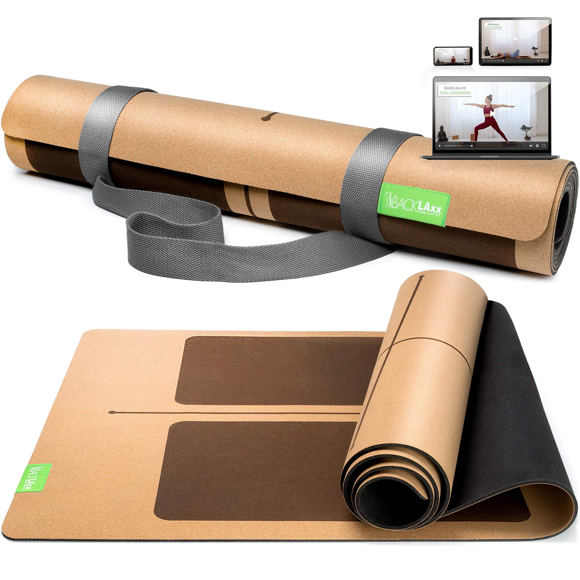 BACKLAXX ® Yogamatte Kork mit Naturkautschuk, mit heller Korkoberfläche. Für rutschfestes Yoga und Fitness.