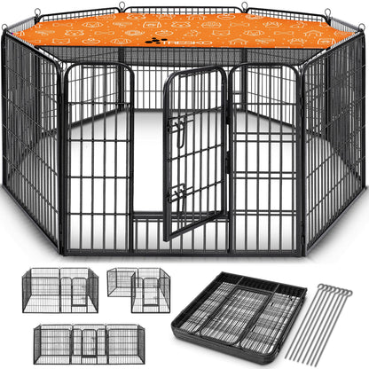 TRESKO Welpenlaufstall 80cm hoch – 8-teilig faltbar, mit Tür, als Gittergehege für sicheren Welpen-Auslauf.