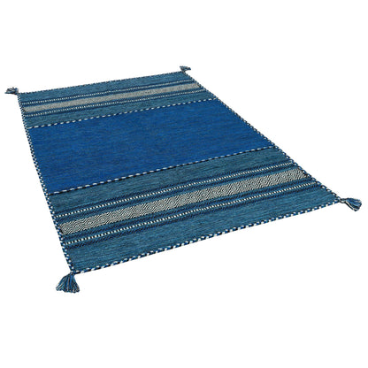 Navarro Natur Teppich aus Baumwolle im Kelim-Stil - Blau