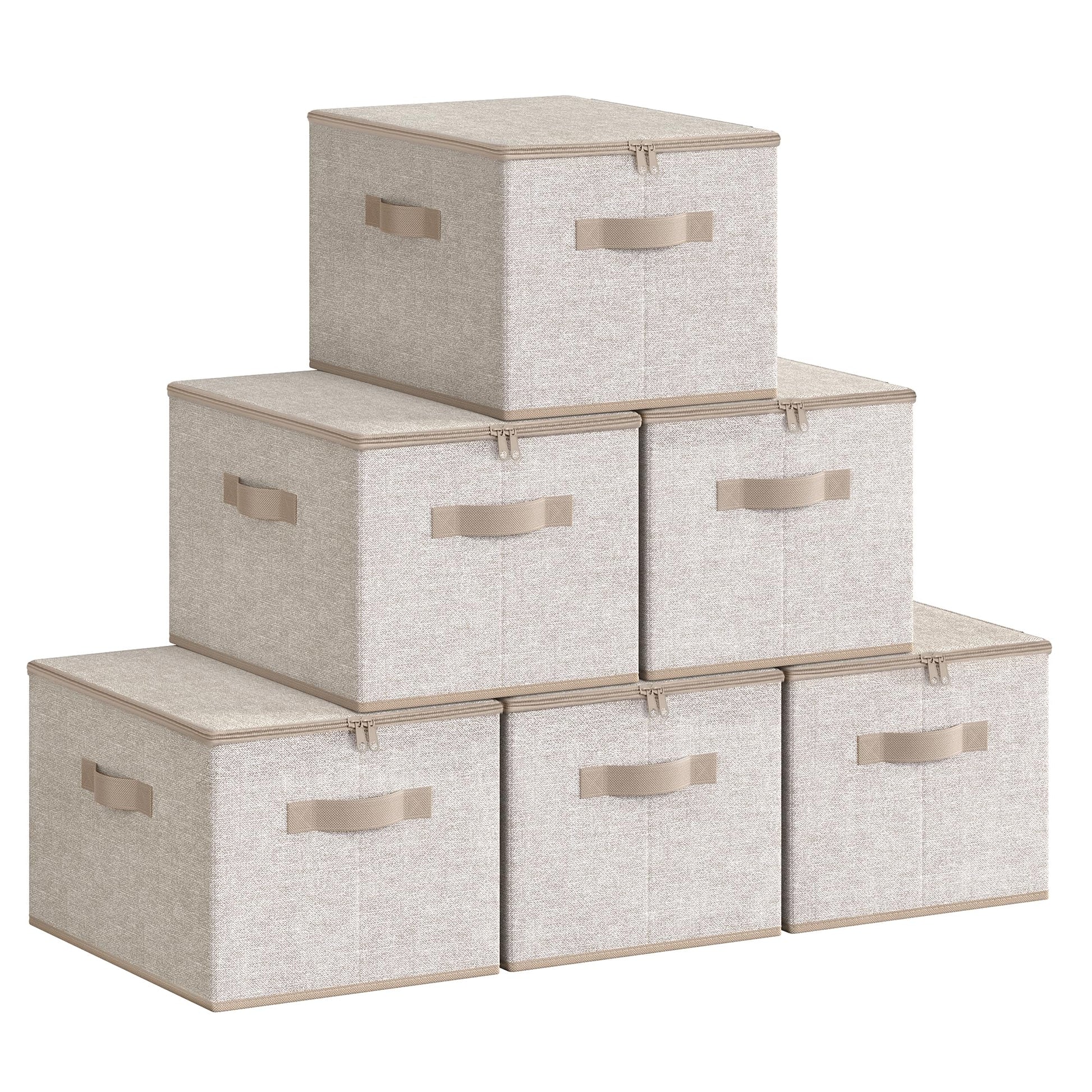 SONGMICS Aufbewahrungsbox mit Deckel, 6er Set, faltbar, sandbeige – Vliesstoff-Boxen mit drei Griffen