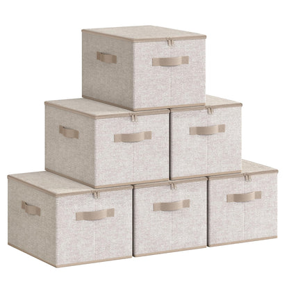 SONGMICS Aufbewahrungsbox mit Deckel, 6er Set, faltbar, sandbeige – Vliesstoff-Boxen mit drei Griffen