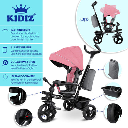 KIDIZ 6in1 Kinderdreirad mit Schubstange – Rosa, Klappbar