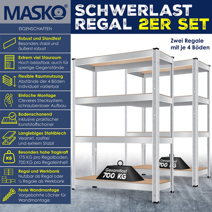 MASKO Schwerlastregal 2er-Set, Kellerregal 160 x 80 x 40 cm, Silber