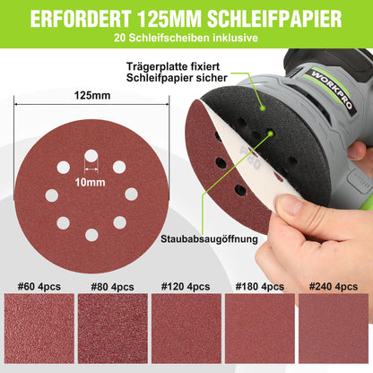 WORKPRO Exzenterschleifer 125 mm, 300 W, 7000–13000 OPM mit Absaugung