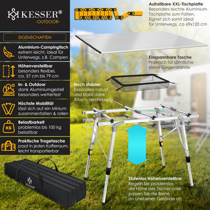 KESSER Camping Falttisch aufrollbar 120x70cm - Silber