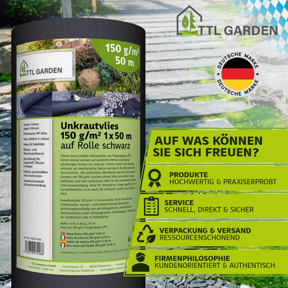 TTL GARDEN Unkrautvlies 150 g/m², 50 m² Rolle 1 x 50 m, UV-stabil