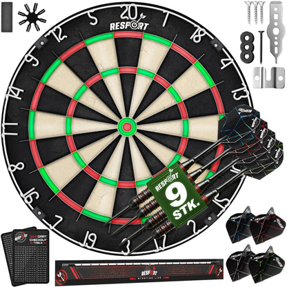 RE:SPORT Sisal Dartscheibe XXL Set mit 9 Profi-Steeldartpfeilen, Sisalscheibe mit dünner Drahtspinne