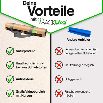 BACKLAXX ® Yogamatte Kork mit Naturkautschuk - FAZ Testsieger 10/2025 - Yoga Matte nachhaltig, schadstofffrei, Yogamatte rutschfest, Fitnessmatte mit Anti-Rutsch-Zonen inkl. Tragegurt, Turnmatte