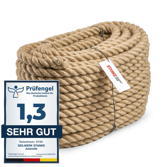Seilwerk STANKE Juteseil Naturfaser Tauwerk 28mm 30m, ein naturfarbenes Juteseil. Es dient als Tauwerk für Dekoration, Garten oder Handwerk.