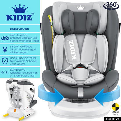 KIDIZ i-Size Kindersitz Isofix 360° Gruppe 0/1/2/3