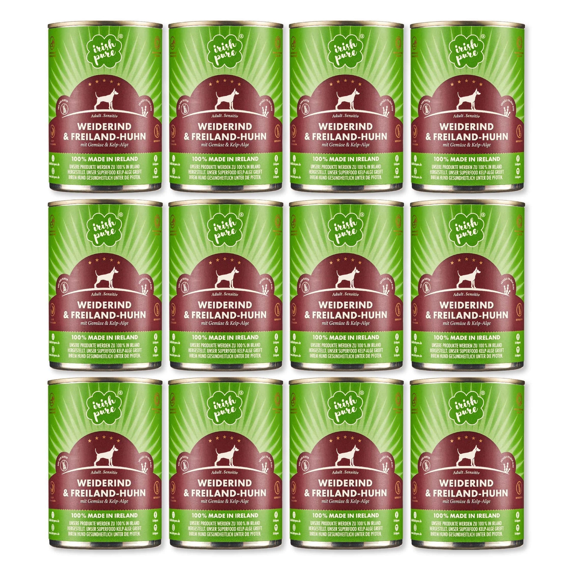 Irish Pure Premium Nassfutter Weiderind getreidefrei 12x 390g, Dosenfutter für Hunde aller Rassen
