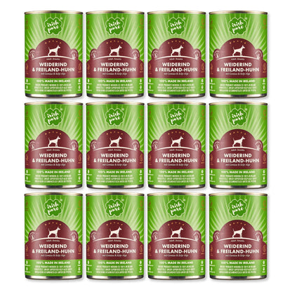 Irish Pure Premium Nassfutter Weiderind getreidefrei 12x 390g, Dosenfutter für Hunde aller Rassen