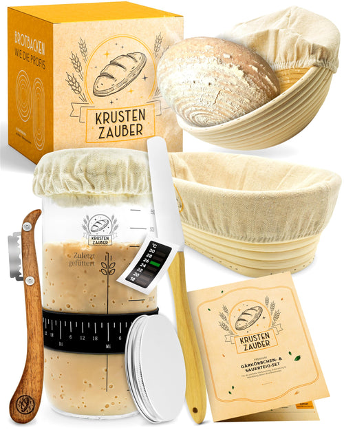 KRUSTENZAUBER Gärkörbchen & Sauerteig Starter Set, Rattan, 600 ml mit Gärtuch und Gärglas