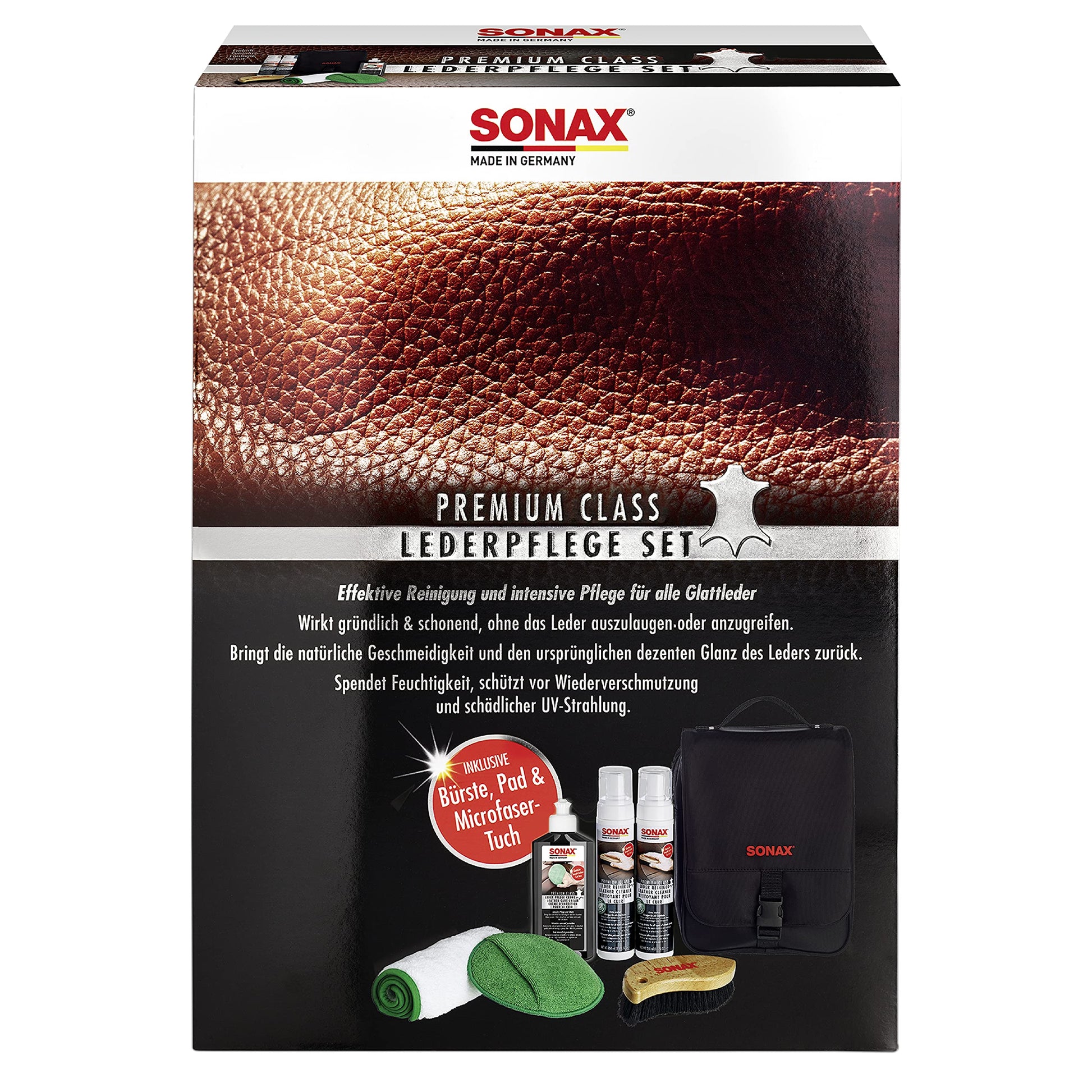 SONAX PREMIUM CLASS LederPflegeSet - 3x 250ml Komplett-Set, drei zylindrische Flaschen. Reinigt und pflegt Leder in Fahrzeugen.