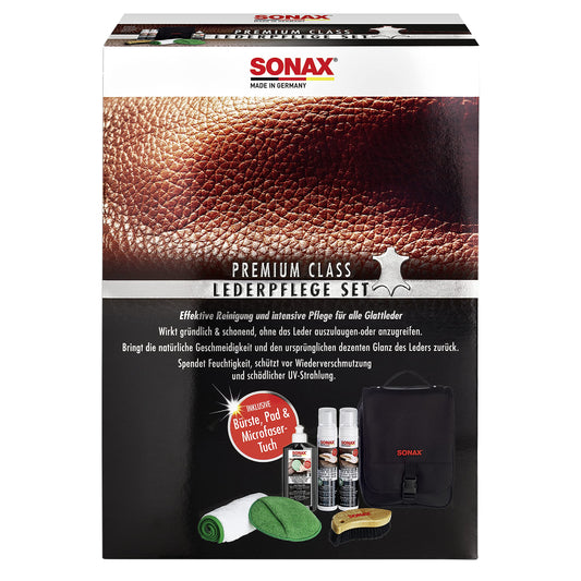 SONAX PREMIUM CLASS LederPflegeSet - 3x 250ml Komplett-Set, drei zylindrische Flaschen. Reinigt und pflegt Leder in Fahrzeugen.